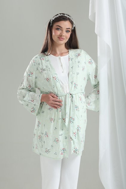 Tuba Green Patterned Special Design Maternity Maternity Dress 3-Piece Pajama Set