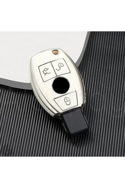 Mercedes-Benz Compatible A, B, C, E, S, g Series, Gl, Gla, Glc, Cla, Cls, Amg, W212, W205, W204 Silver Edge Tpu Key Case Cover (White)