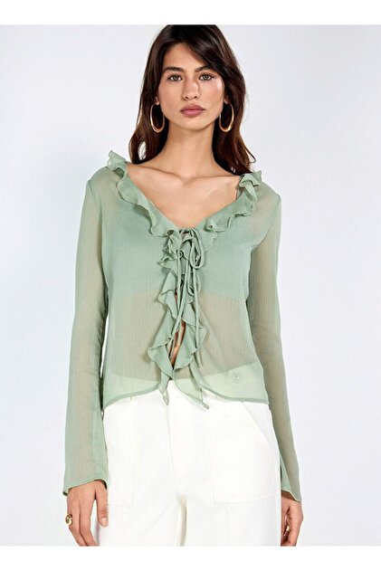 Green Chiffon Blouse with Ruffle Detail