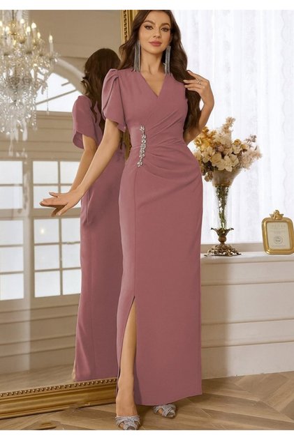 Rochie de damă cu mâneci scurte, guler dublu, talie, accesorii florale, cu fantă, rochie creponată importată