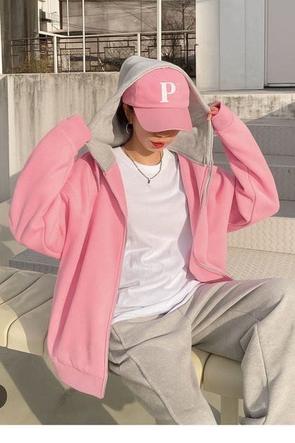 Double Color Pink-Grey Hood Unprinted 3-Thread Oversize Jacket - Cardigan