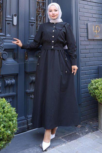 Buttoned Jacket Pocket Waist Tie-Up Gilet Dress Black Hm2785