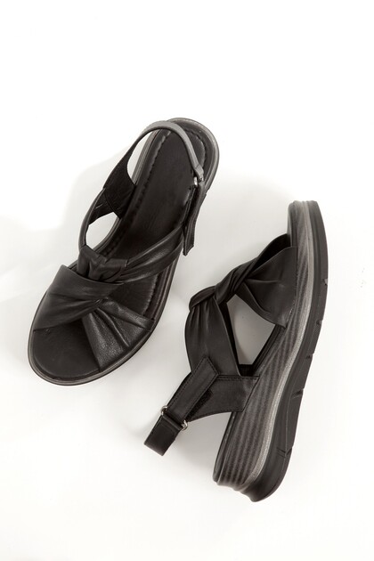 Linyas Black Genuine Leather Summer Sandals Wedge Heels Velcro Shoes