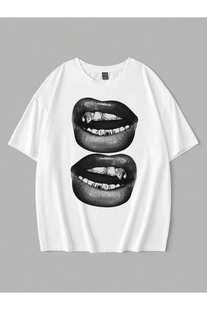 Unisex Women-Men Grilz Lip Printed Oversize T-Shirt