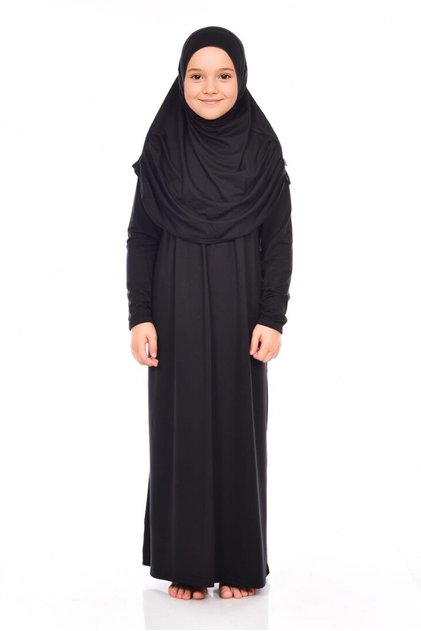 Practical Headscarf One Piece Girl's Prayer Dress 9-11 Years Black