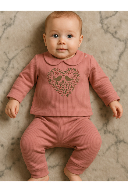 Baby Girl Double Set with Floral Sparrow Pattern