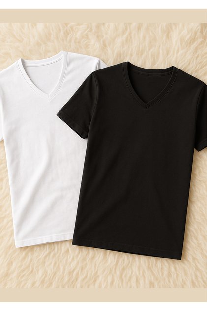 Men's 100% Cotton V-Neck Short Sleeve 2 Pieces Black - White T-Shirt Ll.Il10.Ke12.001