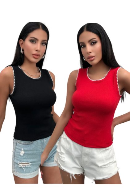 Women's Black Red Ribbed 2 Pack Ribbed Knitted Blouse