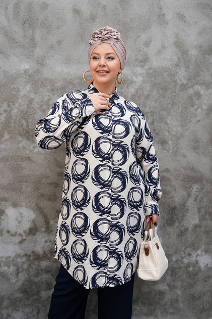 Navy Blue Circle Patterned Cream Tunic