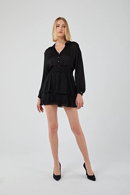 women black leather dress Long Sleeve Faux Leather Midi Shirt Dress main image 0
