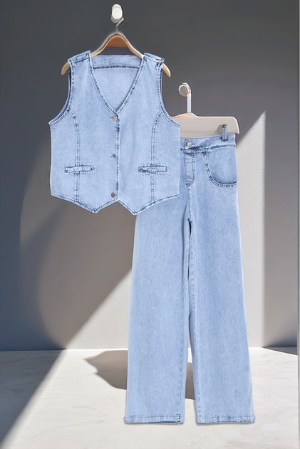 Ice Blue Girls' Jeans Double Set – Vest and Pants | Denim Fabric, Full Mold