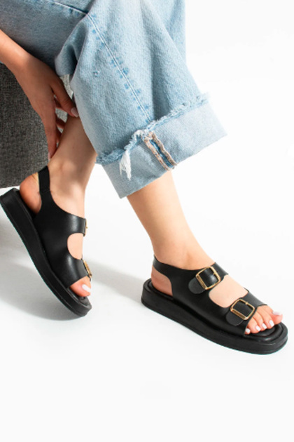 Women's Black Daily Comfortable Sole Double Buckle Sandals Summer Lightweight High Sole Sea Pool Stylish Slippers