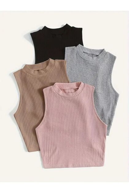 Kadın 4 lü Adet Fitilli PAMUKLU Örme Kaşkorse Crop Bluz ATleT