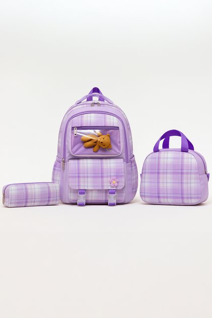 01131 Lilac Korean Style Water Resistant Fabric 3-Piece Bag-Lunch-Pencil Case Girl's Primary School Bag