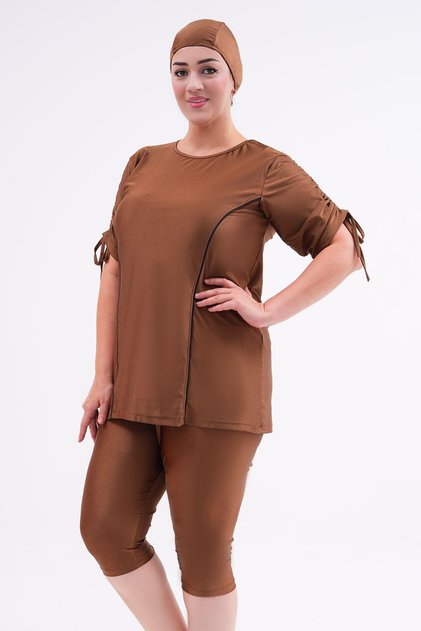 Large Size Semi-Covered Hijab Swimsuit with Sleeve Detail 2311 Aysu Brown