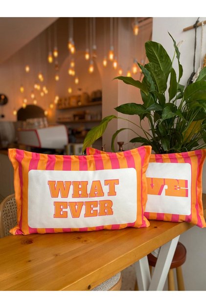 What Ever - Love Written Double Sided Striped Decorative Suede Throw Pillow Cover Set - 30X50Cm