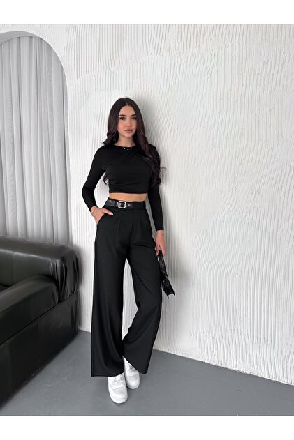 Women's Palazzo Fabric Trousers - Side Belt | With Pocket | Black & Gray | S-Xl