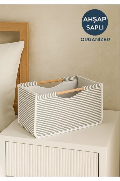 (4 ADET) Tahta Saplı Kumaş Kutu Organizer/Düzenleyici 32x17x18cm