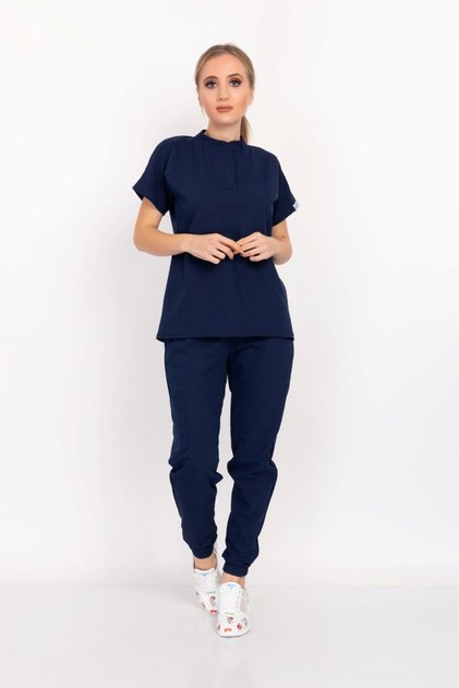Çağla Model Navy Blue Elite Lycra Snap Fastener Judge Collar Doctor Nurse Scrubs Uniform Suit