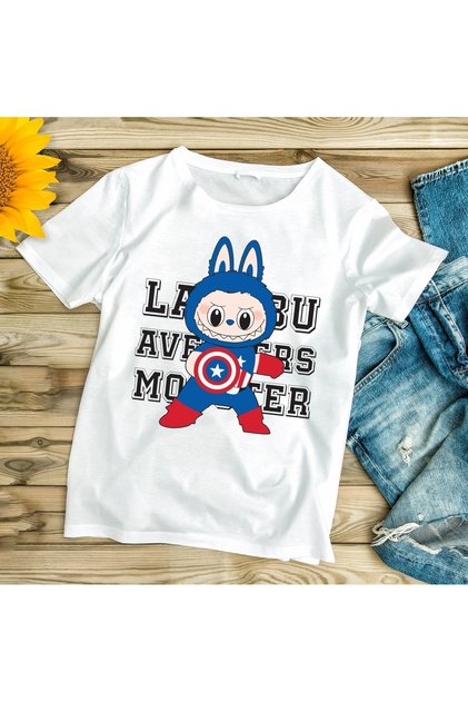 Labubu Captain America Printed Printed Oversize Children's T-Shirt