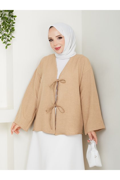 Women's Hijab Linen Tie Front 2 Lace Modern Stylish Skirt Top Beige Stone Kimono Shirt
