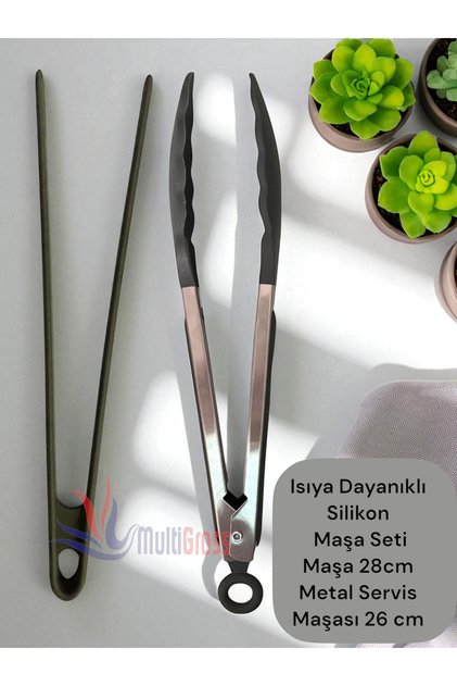 Silikon Uçlu Metal Kızartma Maşası ve Silikon Maşa Takımı -2'li Maşa Seti