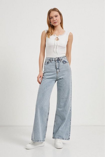 Women's Palazzo Loose Leg High Waist Jean Trousers Blue