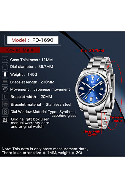 Pagani design PD-1690 Oyster Perpetual 38MM 200M Su Geçrmez Japon