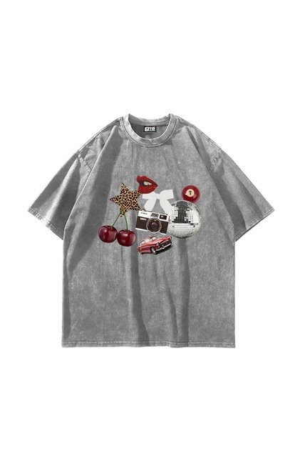 Cherry & Disco Vibes Printed Oversize Unisex Washable White Tshirt