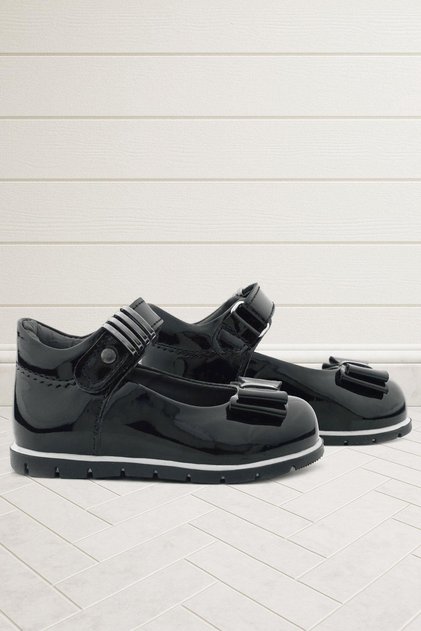 Black Patent Leather Metal Detailed Bow Baby Girl Ballerina Shoes