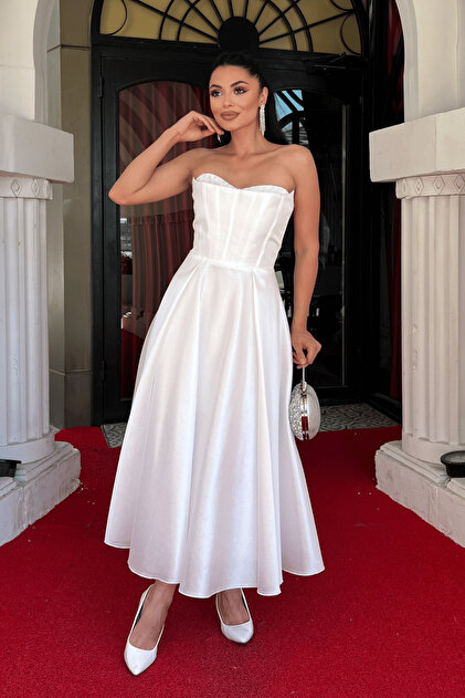 giyimmasal Taffeta Satin Fabric Strapless Midi Dress - White- Trendyol