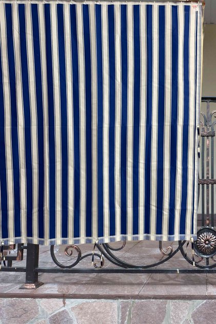Blue White Balcony Curtain, Arched Curtain, Balcony Curtain with Cornice Buttons and Bird's Eye Holes