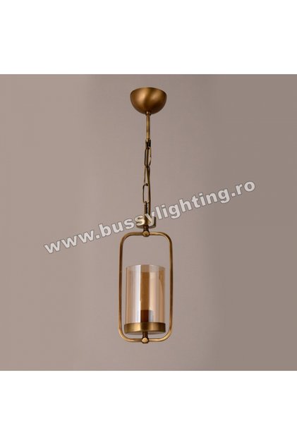 Lustra Kandil cu Diam 15 cm, Neo Clasic, Finisaj Bronz Antichizat, Abajur Amber