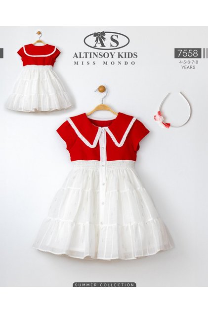 ALTINSOY KIDS - MISS MONDO-Kız Çocuk Kırmızı Yakalı Fırfırlı Beyaz Katlı Elbise ve Taç Takımı