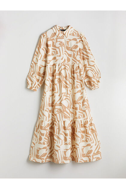 LCW Bescheidenes Beige Hemdkragen-Kleid mit Muster und Ballonärmeln