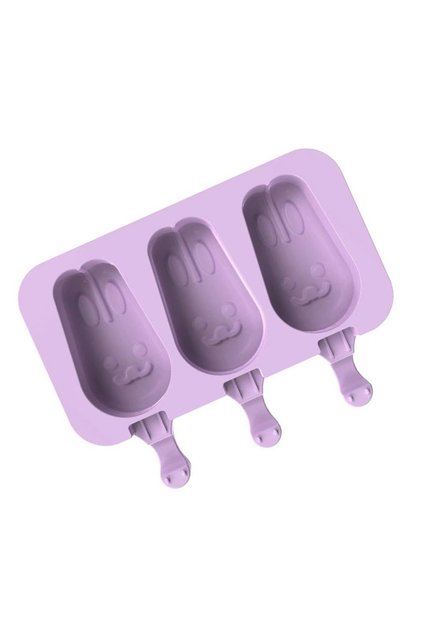 Formă de înghețată din silicon, Iepuraș cu 3 cavități și capac din silicon, Mov, 19 cm