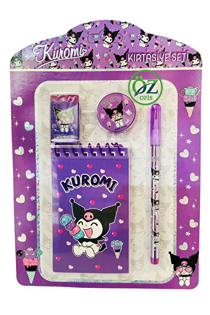 ÖZ OFİS Kuromi Kırtasiye Seti 4 Parça Not Defteri Silgi Kalemtraş