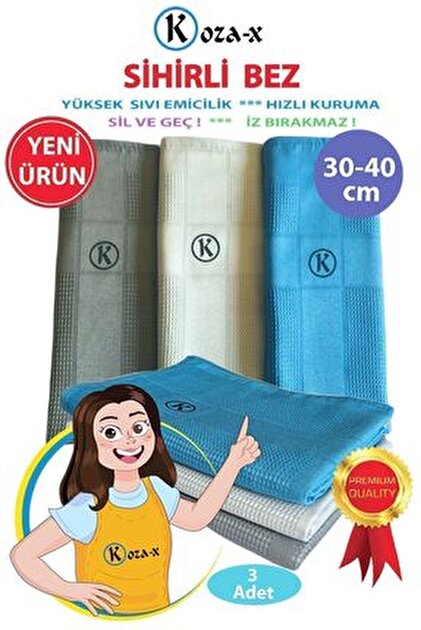 KozaX Mikrofiber Sihirli Temizlik Bezi 3 Adet | Cam,Ayna,Mutfak