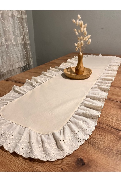 Natürel Ham Keten Fisto Fırfırlı Oval Runner 45x115
