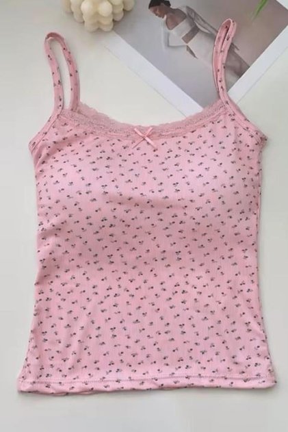 Pink Tiny Bow and Floral Patterned Y2K Supported Strap Crop