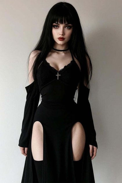 Black Gothic Double Slit Strap Dress with Attached Sleeves