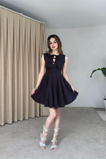 Navy Blue Dress with Lace-Up Bust and Flared Hem