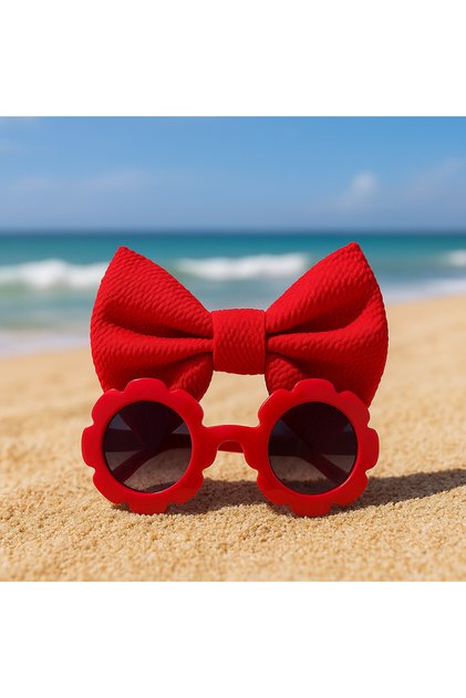 Red Bow Bandana and Flower Shaped Children's Glasses Set – Girls' Baby Accessory Dd351