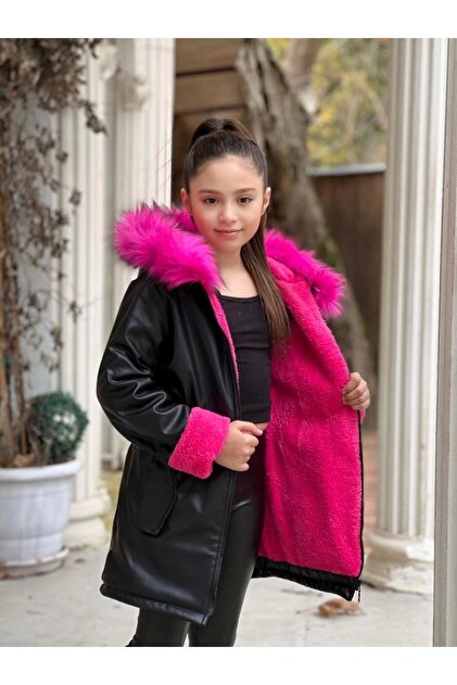  セットアップ OT 黒×ピンク ドローコード 光沢 Y2K テック DUDOR KİDS Kız Çocuk Fuşya Welsoftlu Kürk Kapüşonlu Siyah Deri