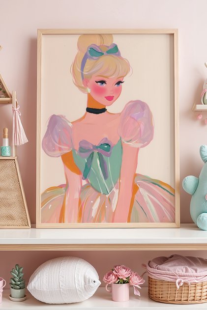 Prenses Temalı - Fiyonklu Elbise Giyen Güzel Prenses Kız Çocuk Odası Ahşap Çerçeveli Duvar Tablosu