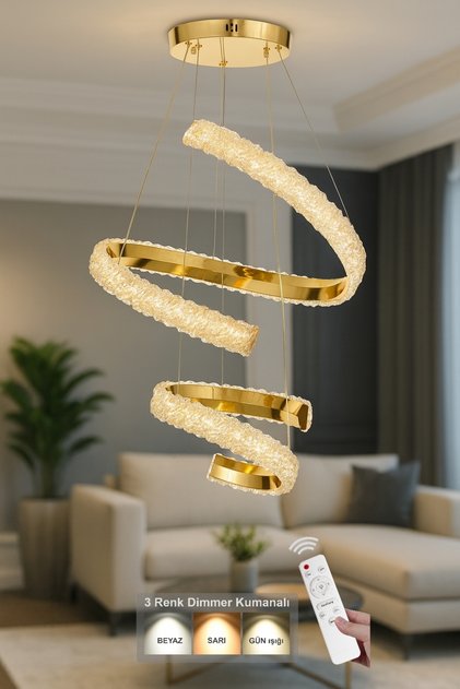 Milly 50+30 cm Dimmer Kumandalı 3 Renk Ledli (Sarı-Beyaz-Gün Işığı) Modern Akrilik Avize -Gold