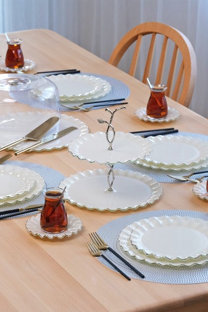 Solid Krem Wavy Platin Yaldızlı 6 Kişilik 34 Parça Pasta Servis Takımı