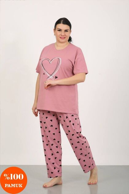 Women's Pink 100% Cotton Heart Detailed Oversize Large Size Short Sleeve Summer Pajama Set