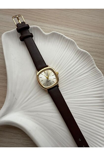 Vintage Kadın Kol Saati Retro Minimal Koyu Kahve Renk Kordon