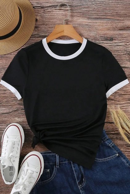 Unisex Sleeve Collar Piped Black Regular Fit Interlock T-Shirt Cotton Casual Summer